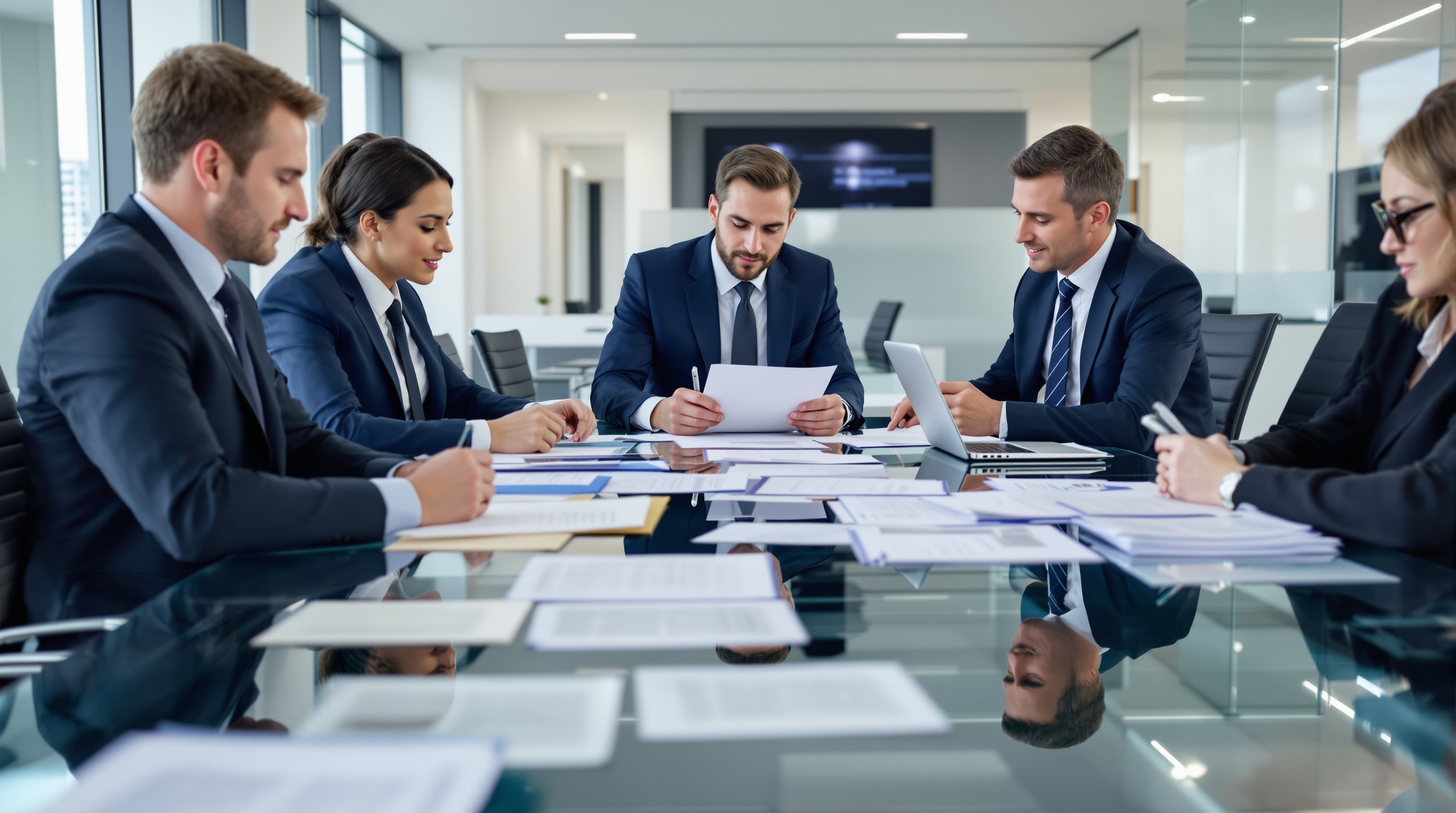 Real estate closing process with attorneys reviewing documents at a conference table