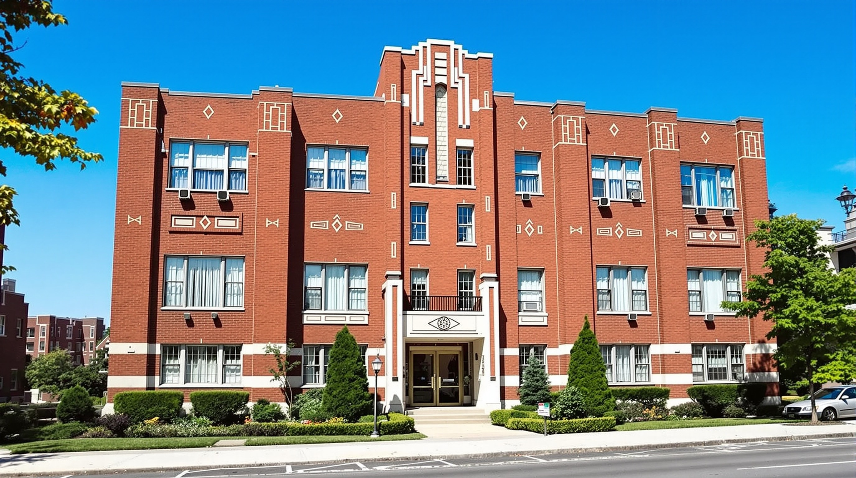Classic mid-century co-op or condo apartment building in Queens, NYC