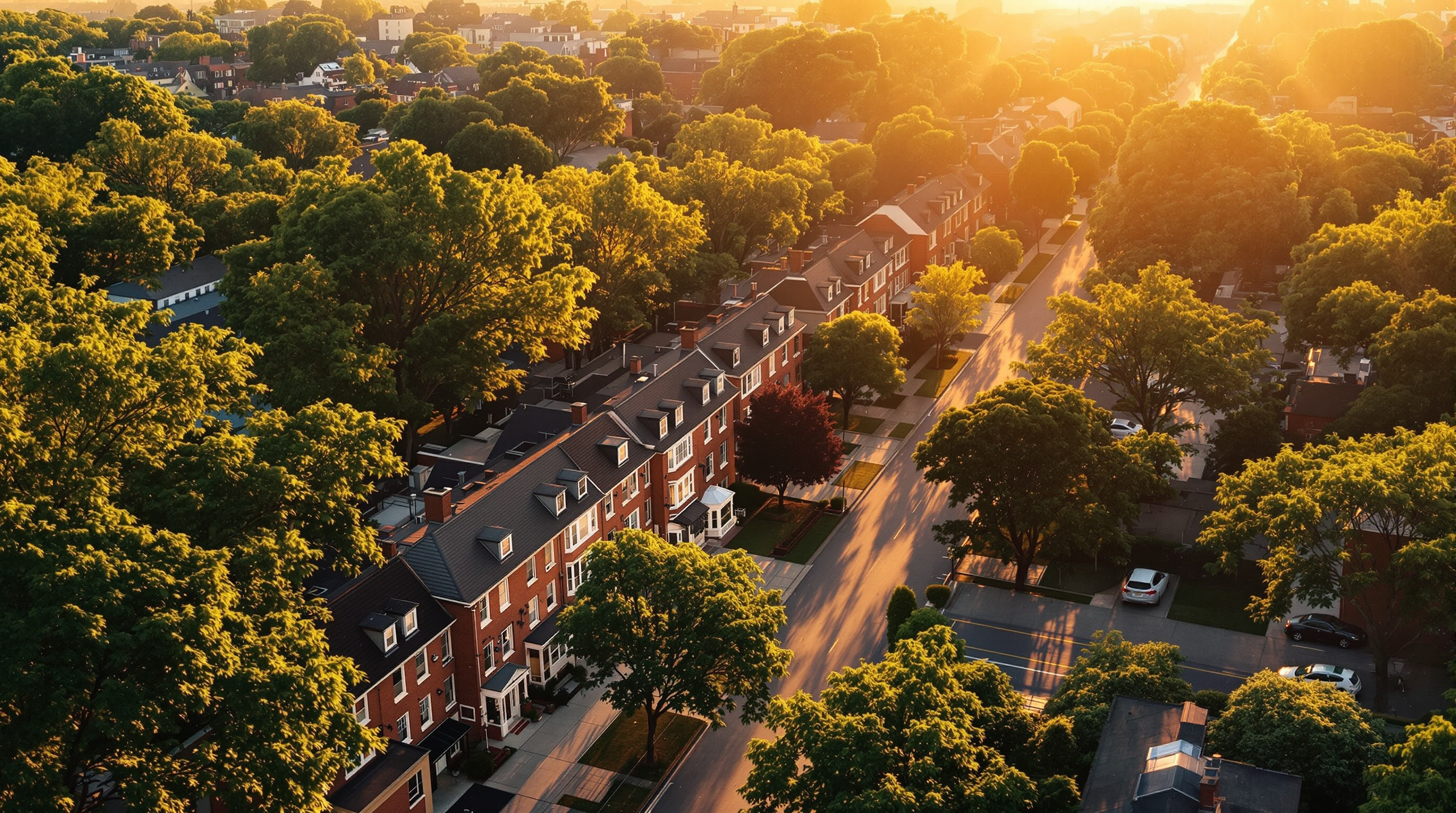 Aerial view of Queens, NYC residential neighborhood with tree-lined streets