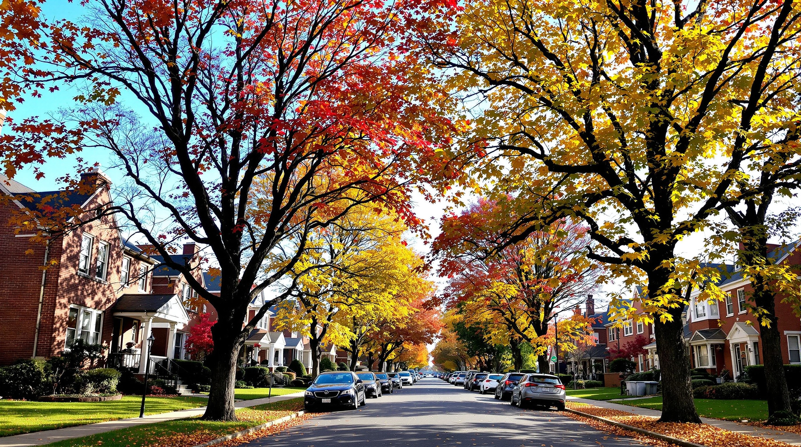 Tree-lined residential street in Hollis, Queens with brick single-family homes
