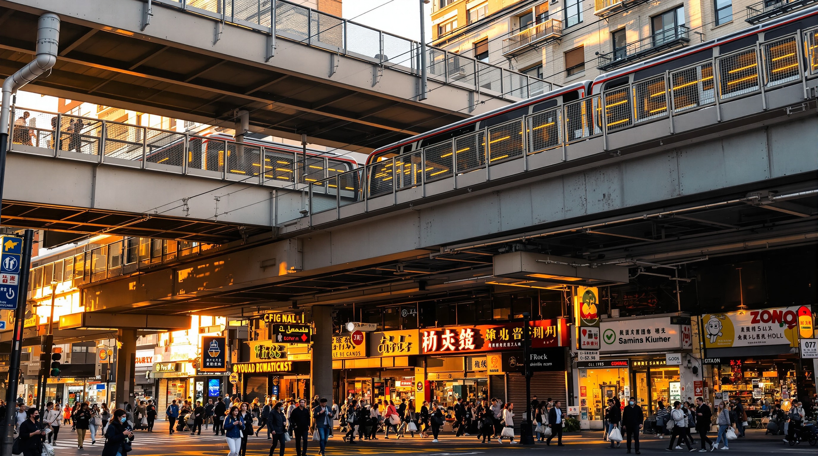 Jamaica, Queens transit hub with elevated train lines and busy streetscape