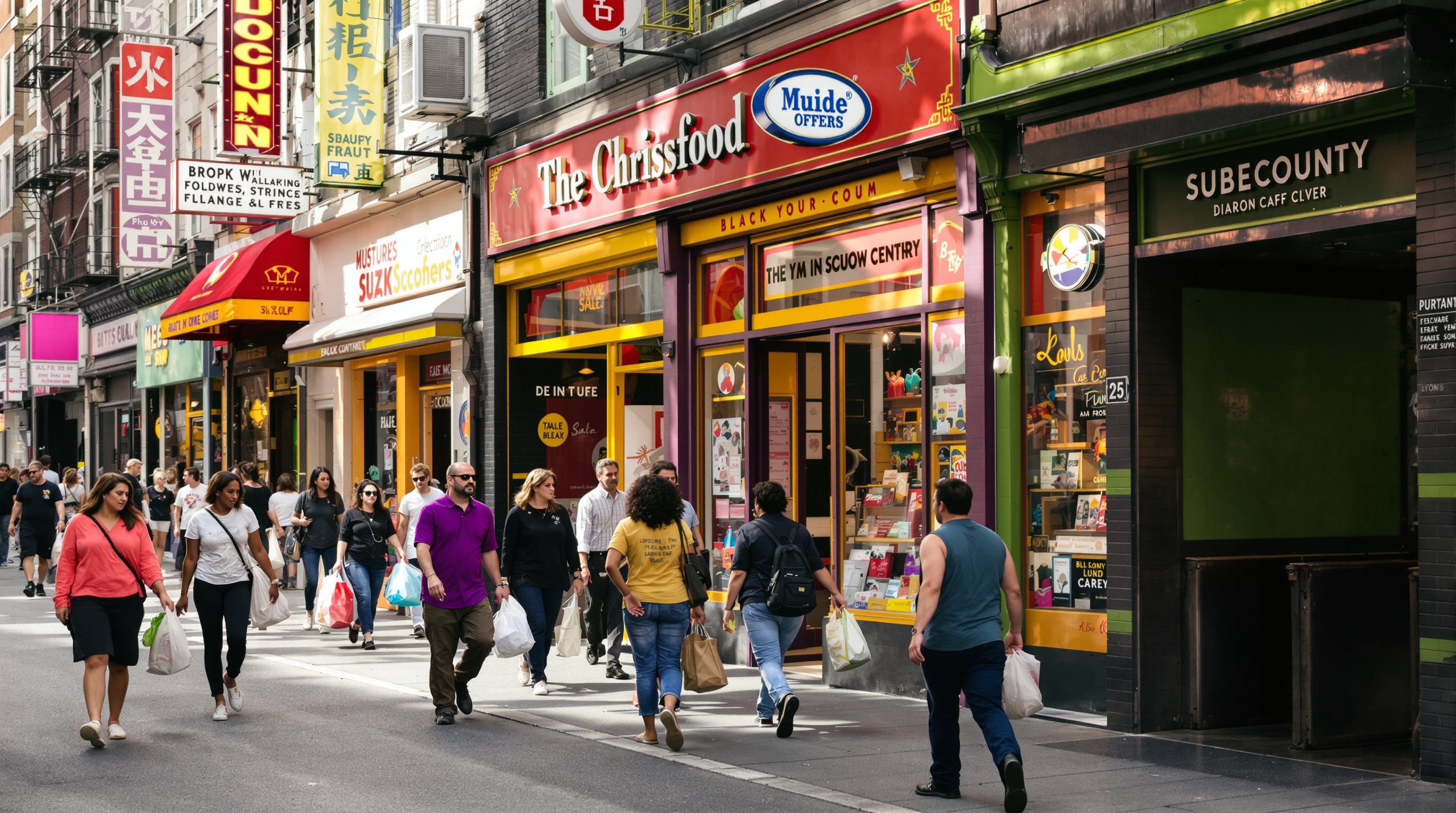 Vibrant diverse street scene in a Queens neighborhood