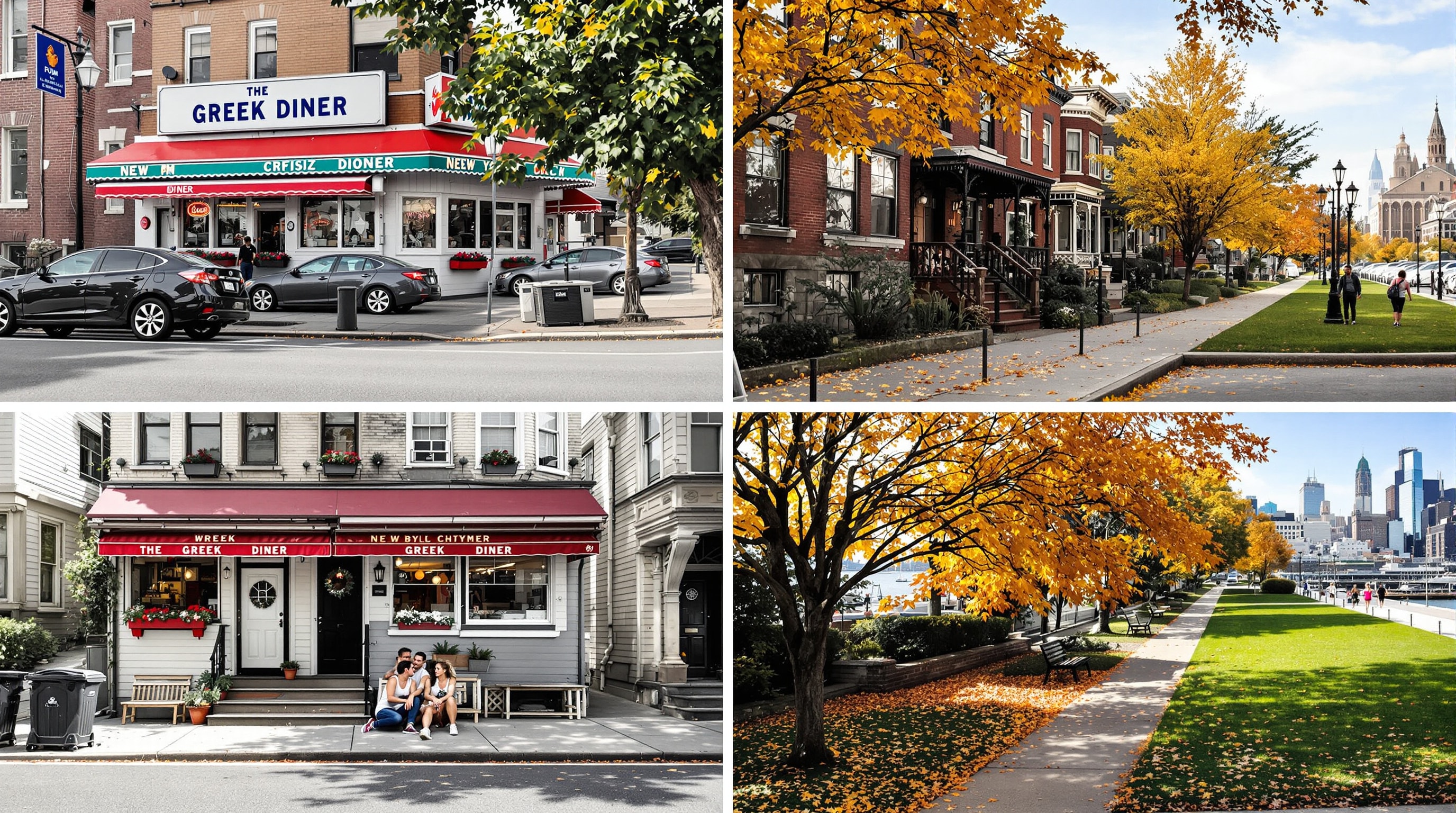 Four different Queens, NYC neighborhood scenes showing the borough's diversity